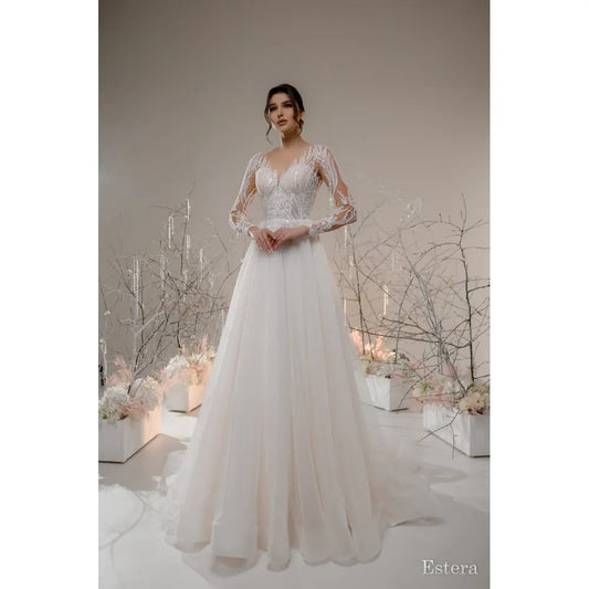 Rochie mireasa A-line cu decolteu inimioara si maneci lungi – Estera - Simone Boutique rochii de mireasa Sibiu