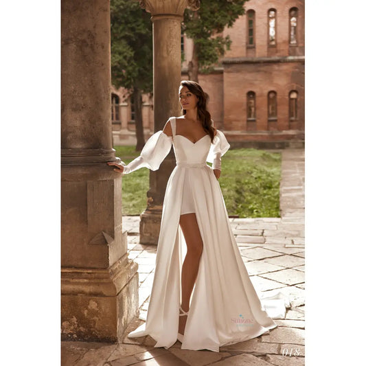 Rochie mireasa din tafta cu maneci detasabile si crapatura pe picior 24-18 - Simone Boutique rochii de mireasa Sibiu