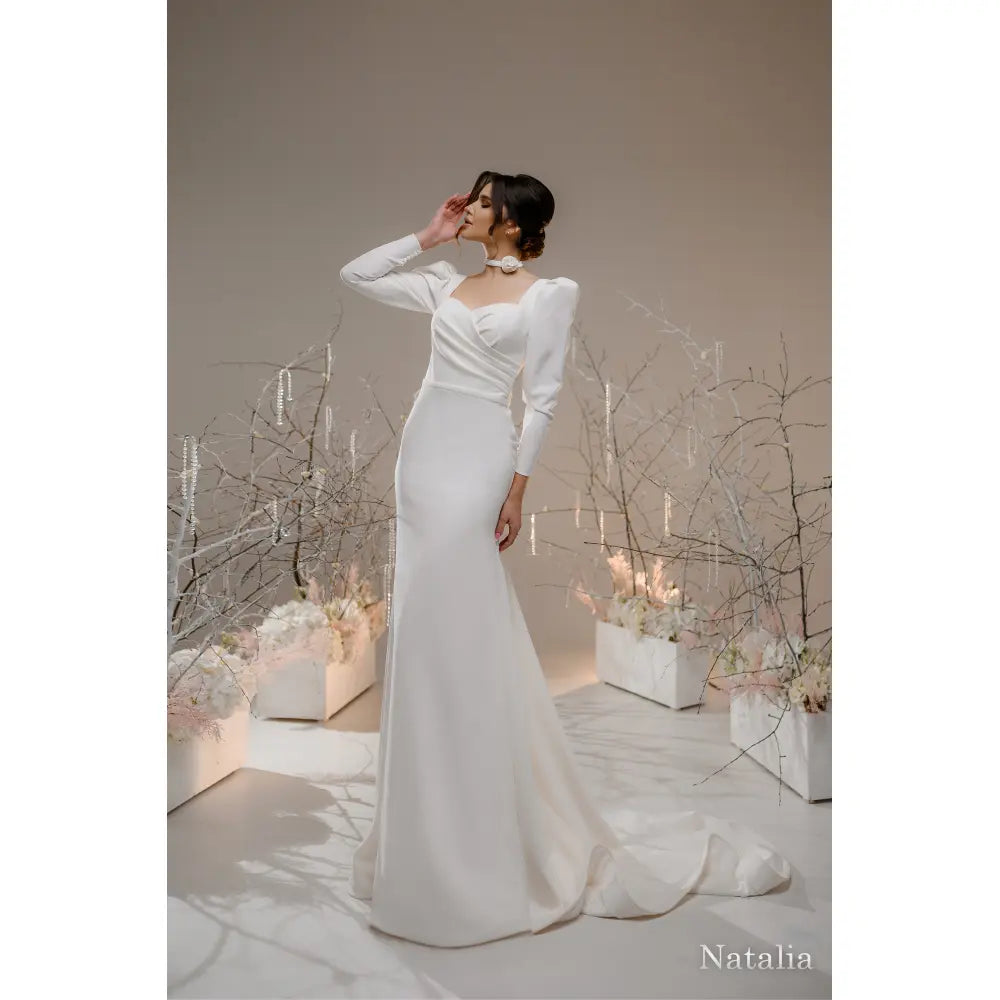 Rochie mireasa mireasa sirena din tafta cu maneci lungi – Natalia - Simone Boutique rochii de mireasa Sibiu