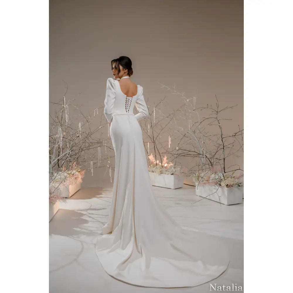 Rochie mireasa mireasa sirena din tafta cu maneci lungi – Natalia - Simone Boutique rochii de mireasa Sibiu
