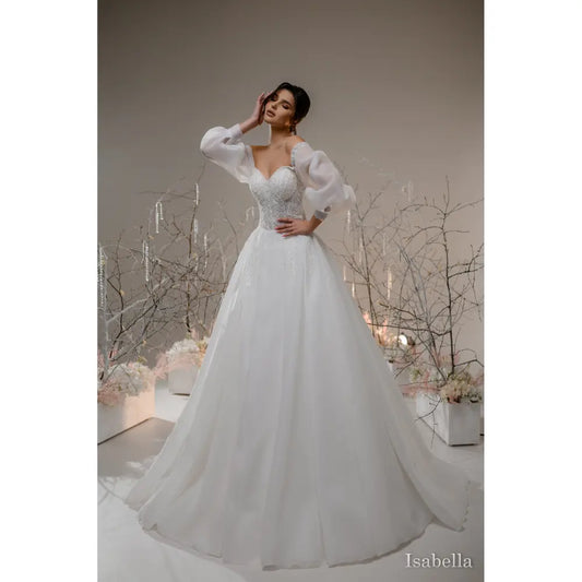 Rochie mireasa printesa cu umerii goi si maneci bufante – Isabella - Simone Boutique rochii de mireasa Sibiu