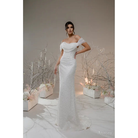 Rochie mireasa sirena cu maneci cazute – Aurora - Simone Boutique rochii de mireasa Sibiu