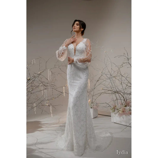 Rochie mireasa sirena cu maneci lungi bufante – Iydia - Simone Boutique rochii de mireasa Sibiu