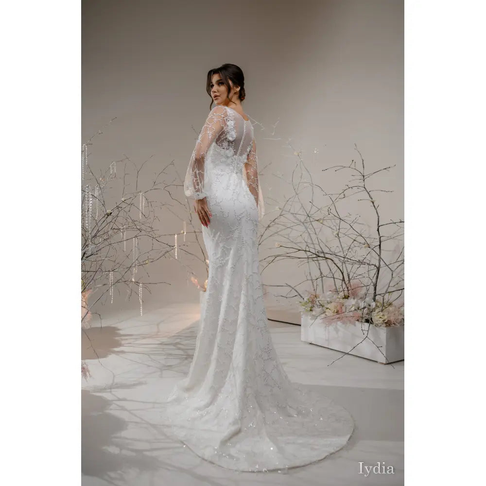 Rochie mireasa sirena cu maneci lungi bufante – Iydia - Simone Boutique rochii de mireasa Sibiu
