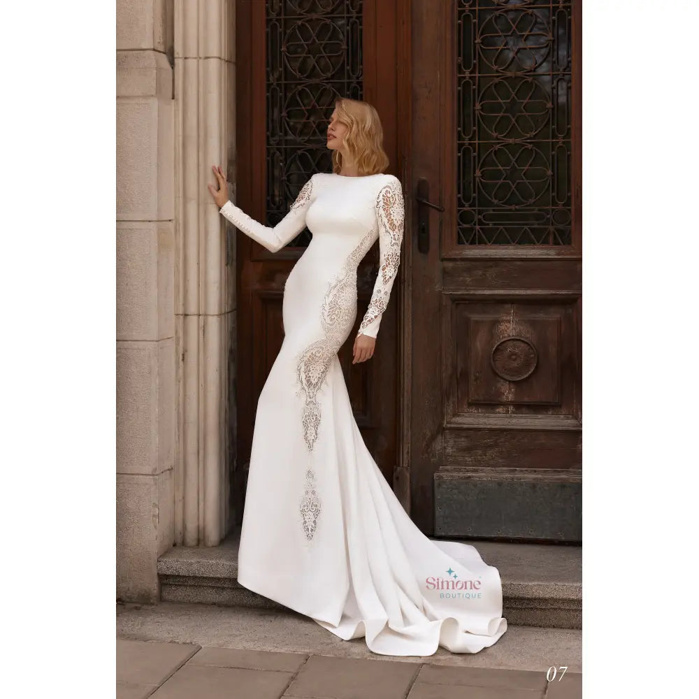 Rochie mireasa sirena din tafta cu maneci lungi 24-07 - Simone Boutique rochii de mireasa Sibiu