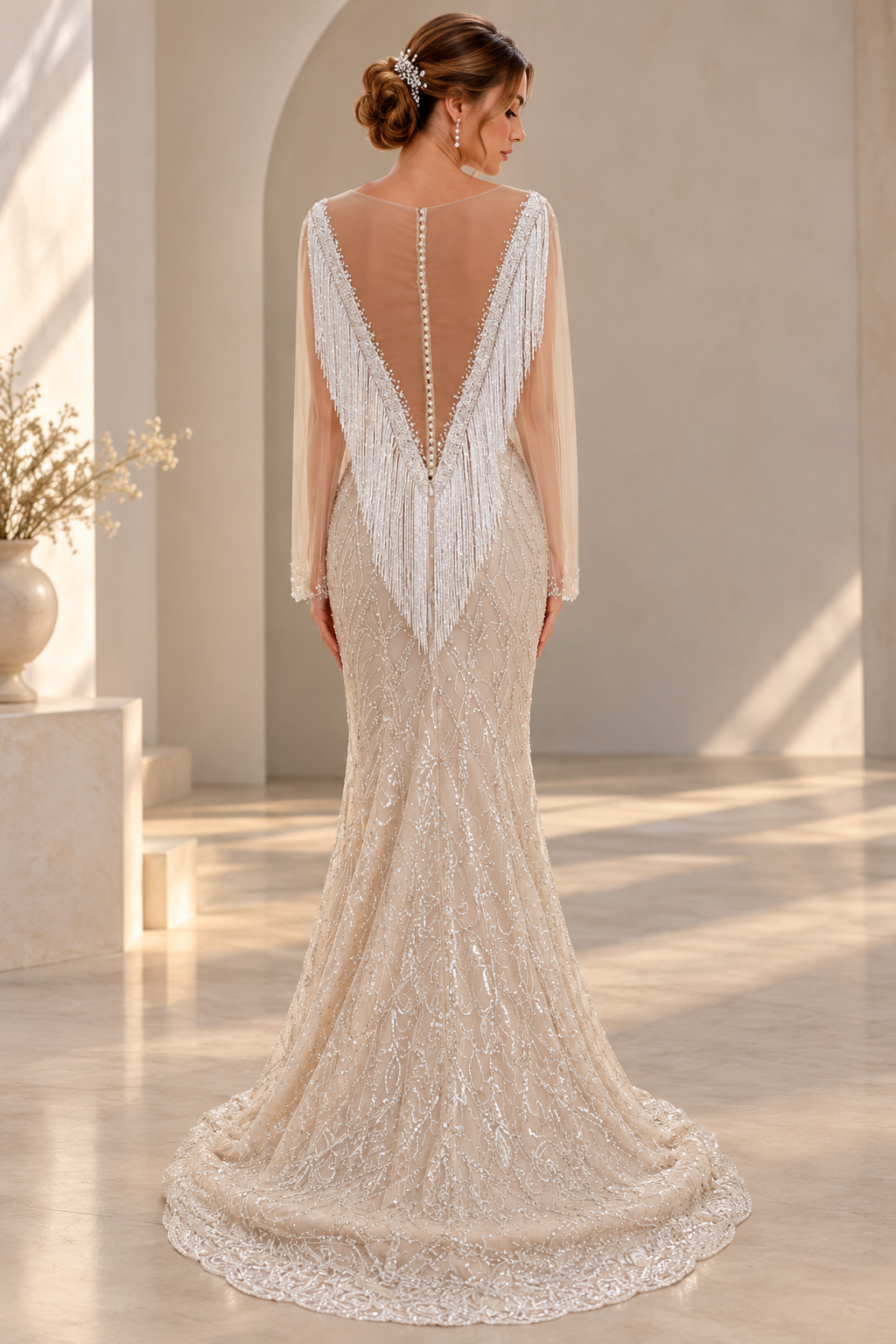 Rochie de mireasa sirena cappuccino din dantela si spate spectaculos – SB-136