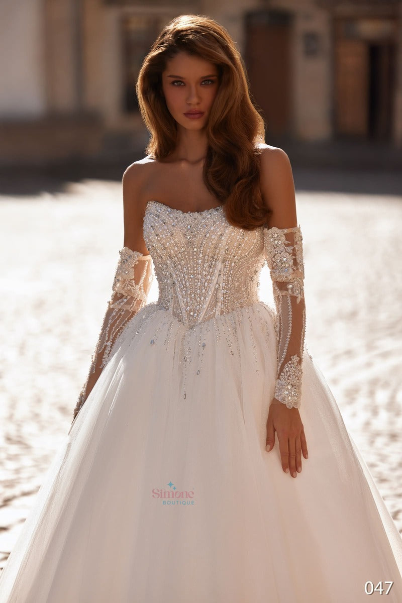 Rochie mireasa printesa pe corset cu maneci detasabile 26-47