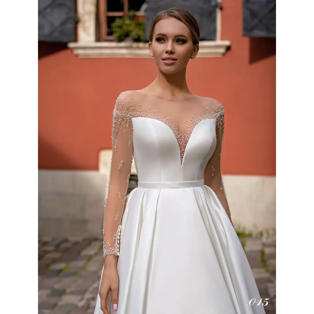 Rochie mireasa tafta cu maneca lunga 22-15 - Simone Boutique rochii de mireasa Sibiu