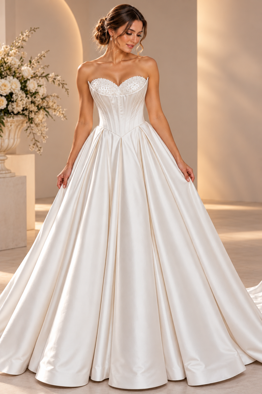 Rochie de mireasa A-line din tafta cu corset reglabil si trena SB-340