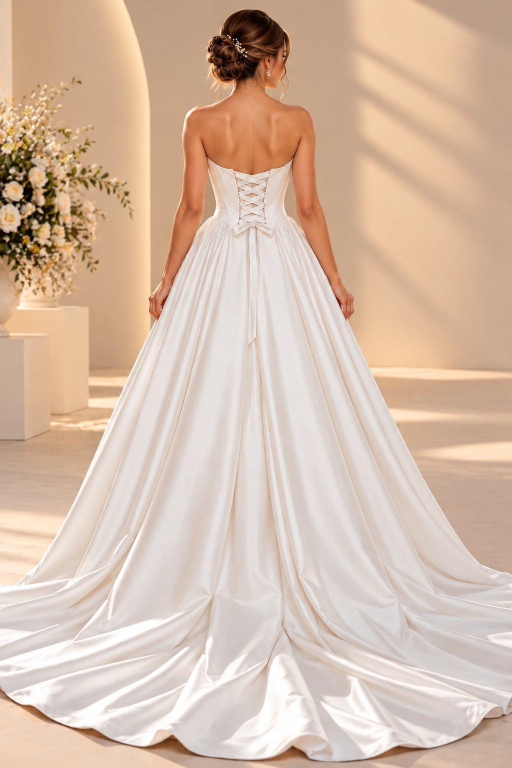 Rochie de mireasa A-line din tafta cu corset reglabil si trena SB-340
