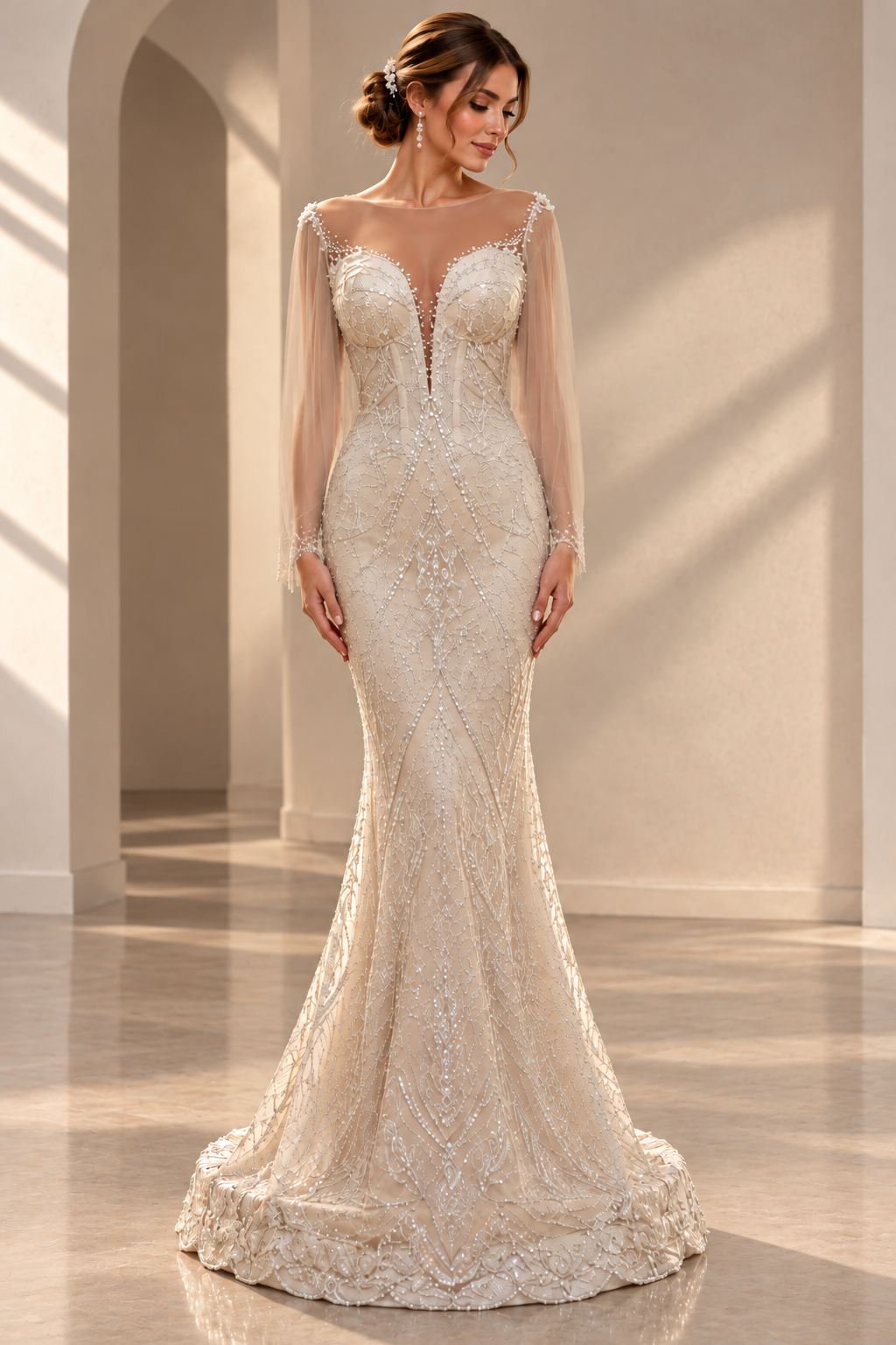 Rochie de mireasa sirena cappuccino din dantela si spate spectaculos – SB-136