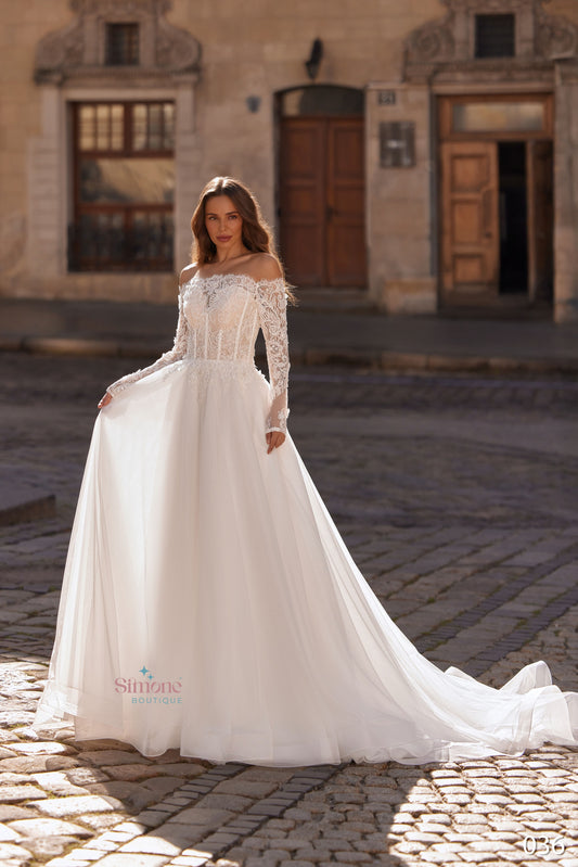 Rochie mireasa A-line cu umerii goi si maneci lungi 26-36