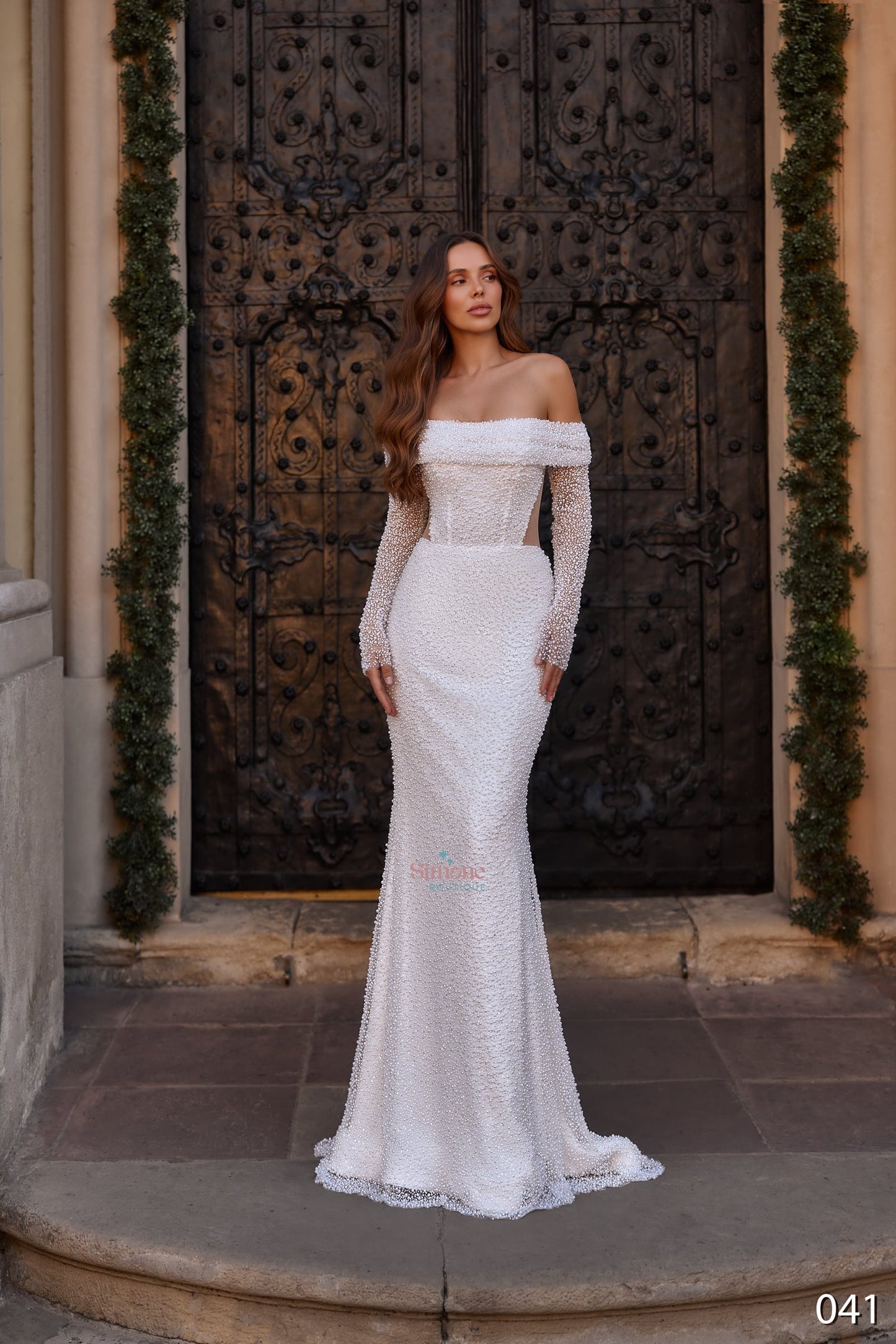 Rochie mireasa sirena cu umeri goi si maneci lungi 26-41